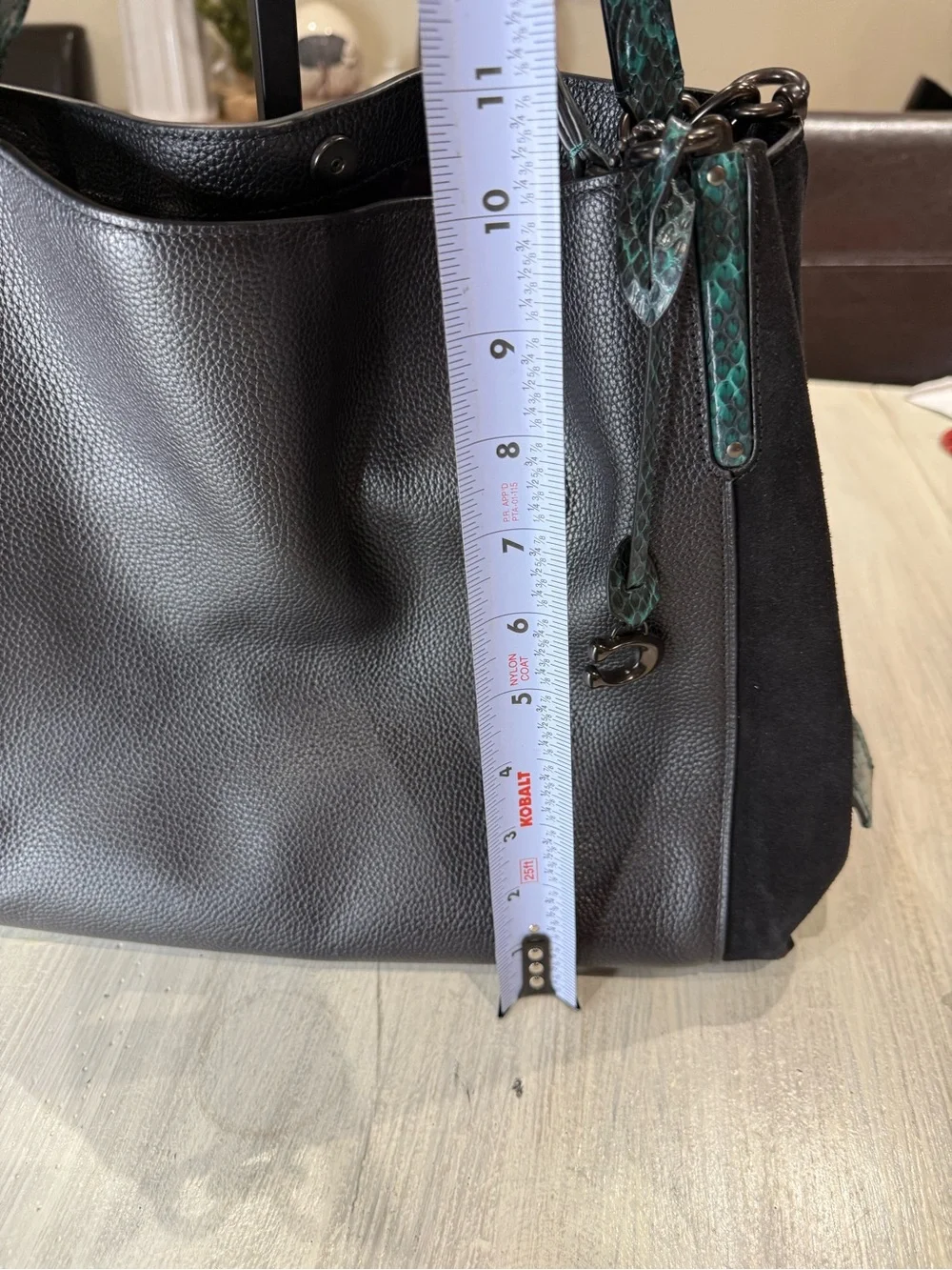 Coach Dalton 31 Black Shoulder Bag with Teal Snake-Print Strap and Suede